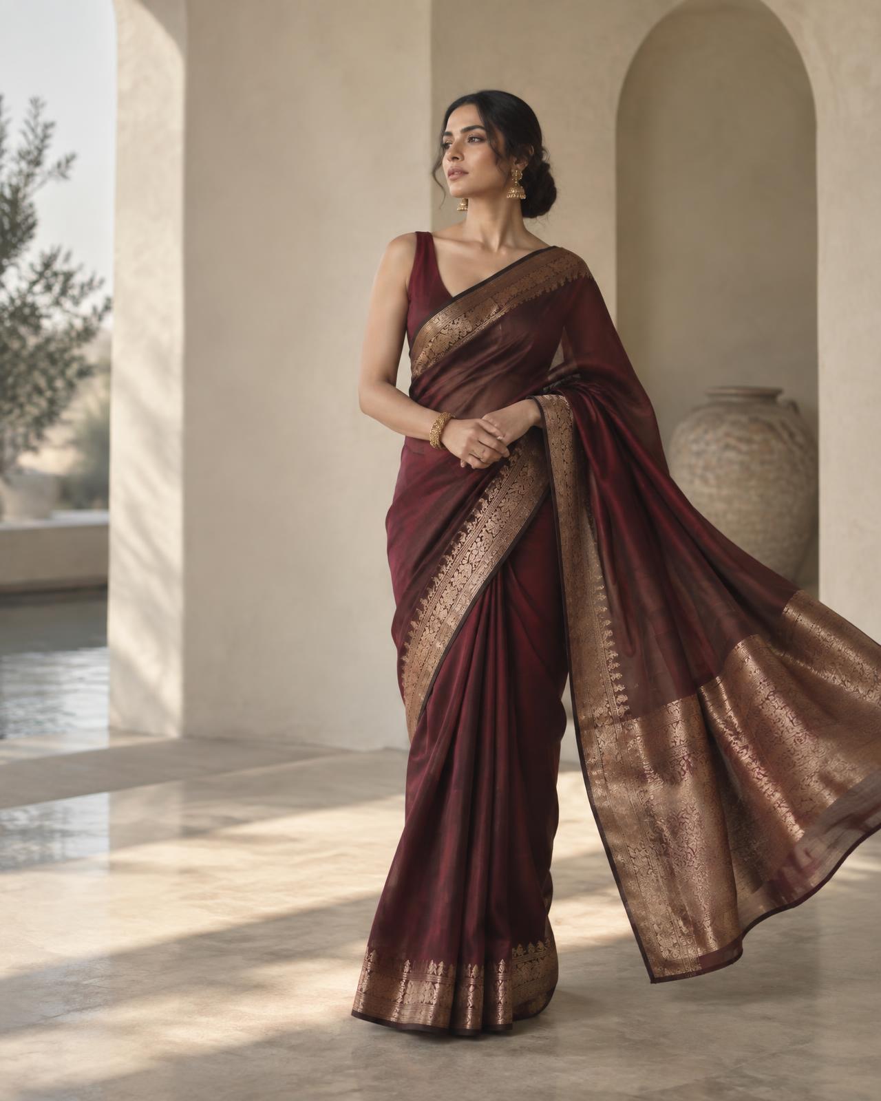 A woman wearing a deep wine silk saree with a gold zari border in a sunlit ivory space