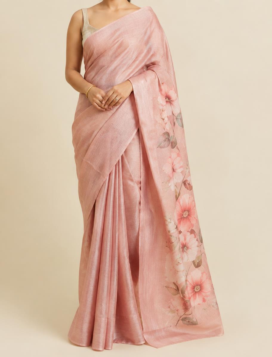 Blush tussar silk saree with a painted floral pallu