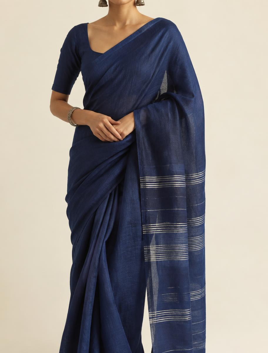 Indigo handwoven linen saree with a striped pallu