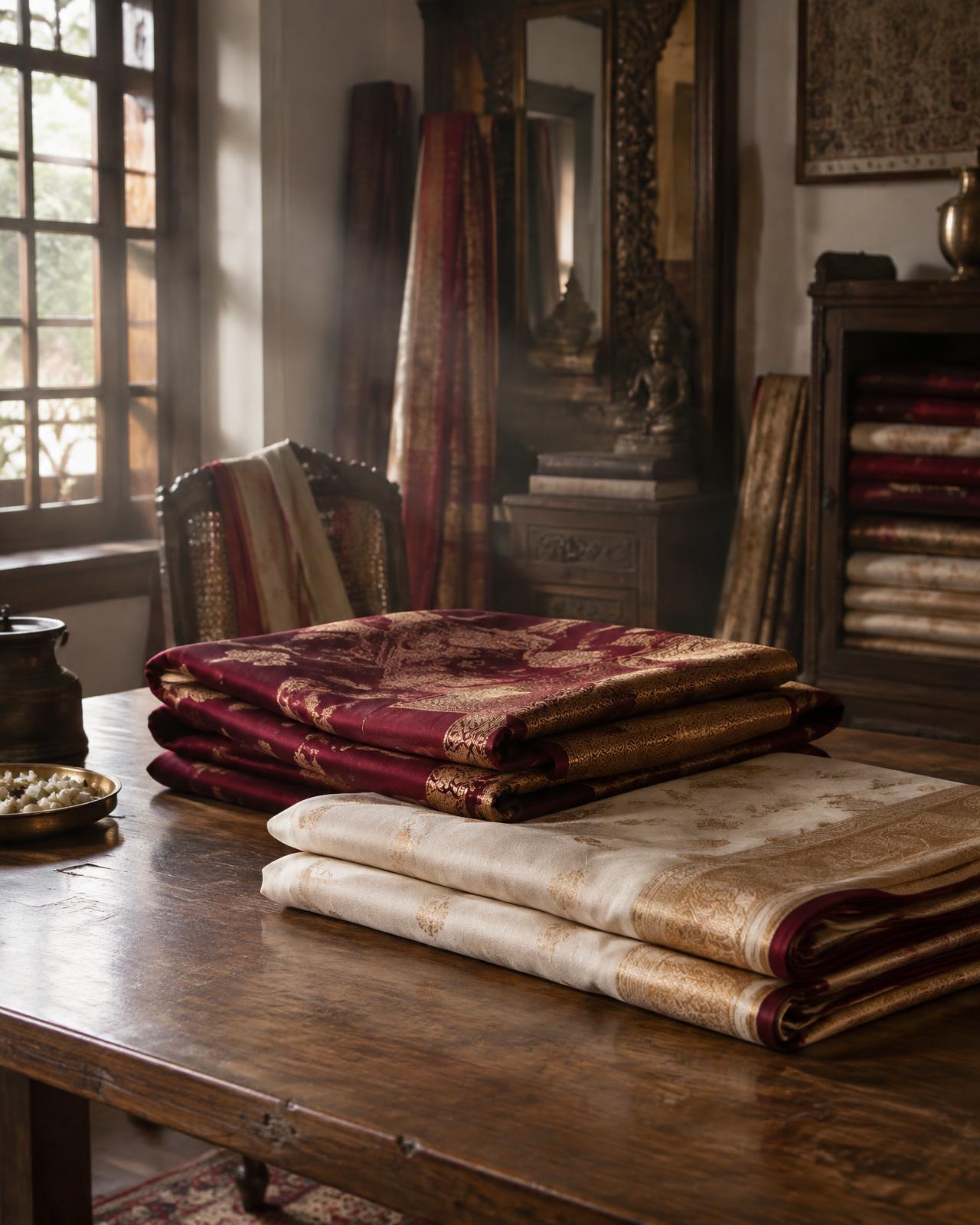 Folded silk sarees stacked on a wooden table in a heritage Indian textile room